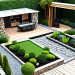 **

A garden design, showing different elements like stone, wood, water, and light. Illustrate how these elements can be combined to create a beautiful and functional garden. Include various garden styles like formal, informal, kitchen, and rooftop gardens.

**