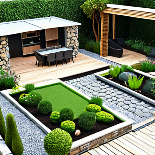 Home 4 **
A garden design, showing different elements like stone, wood, water, and light. Illustrate how these elements can be combined to create a beautiful and functional garden. Include various garden styles like formal, informal, kitchen, and rooftop gardens.
**
