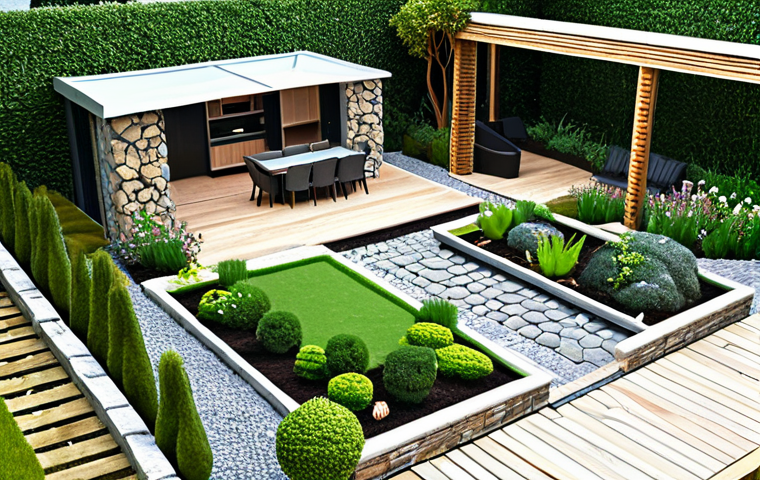 **
A garden design, showing different elements like stone, wood, water, and light. Illustrate how these elements can be combined to create a beautiful and functional garden. Include various garden styles like formal, informal, kitchen, and rooftop gardens.
**