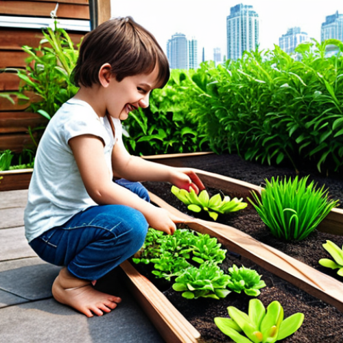 Home 18 **Image Prompt 1:** An inspiring visual narrative of a garden designer's journey. On one side, a young child with a joyful expression, playfully interacting with small plants in a rustic home garden, symbolizing nascent passion. Seamlessly transitioning to the other side, the same individual, now a professional adult garden designer, confidently overseeing a lush, meticulously planned urban green space or a rooftop garden, with modern city skyscrapers in the background. The image should convey growth, the blend of nature and urban life, and the transformation of a hobby into a successful career, highlighting opportunity and the beauty of designed green spaces.