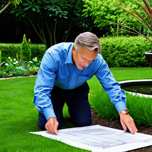Home 17 Landscape Design Professional**
A landscape designer, fully clothed in modest work attire, reviewing blueprints in a lush, green garden filled with diverse plants and a small water feature. Safe for work, appropriate content, perfect anatomy, correct proportions, natural pose, professional setting, family-friendly.
**
