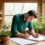 원예디자이너 이론 강의 추천 - **A passionate landscape designer, male or female, in their late 20s to early 30s, deeply engrossed ...