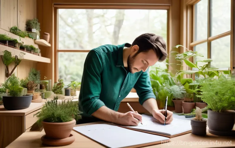 원예디자이너 이론 강의 추천 - **A passionate landscape designer, male or female, in their late 20s to early 30s, deeply engrossed ...