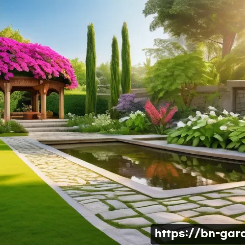 원예디자이너 자격증 학습법 - A beautifully designed Bengali-style garden scene showcasing a harmonious blend of colorful flowers,...