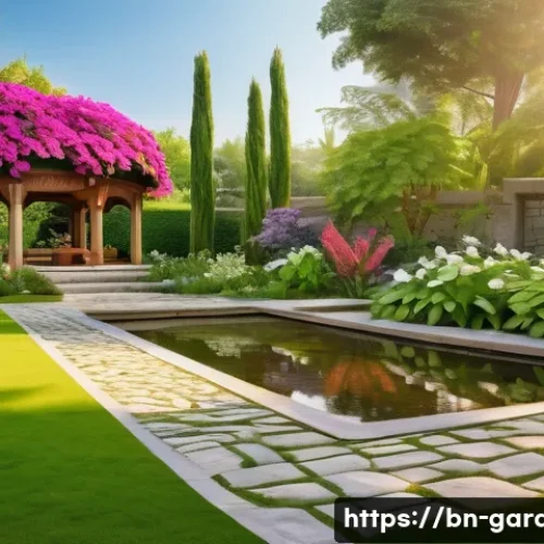 원예디자이너 자격증 학습법 - A beautifully designed Bengali-style garden scene showcasing a harmonious blend of colorful flowers,...