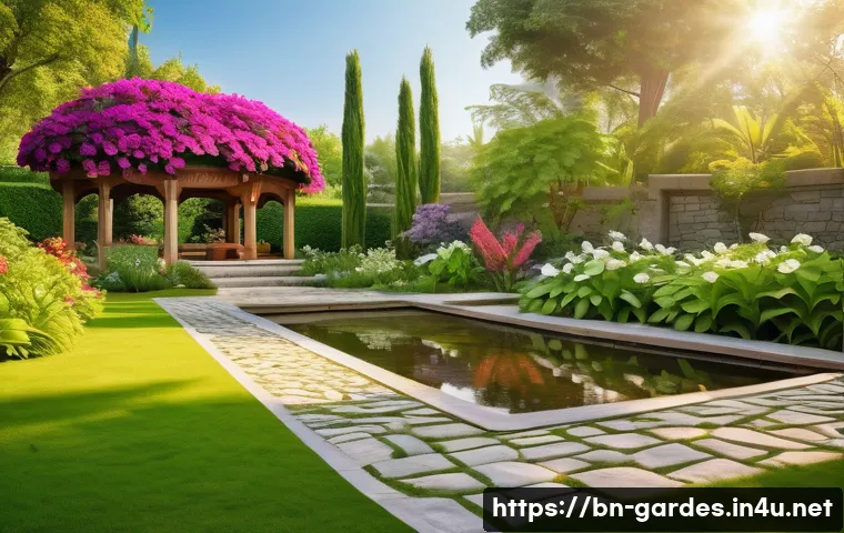 원예디자이너 자격증 학습법 - A beautifully designed Bengali-style garden scene showcasing a harmonious blend of colorful flowers,...