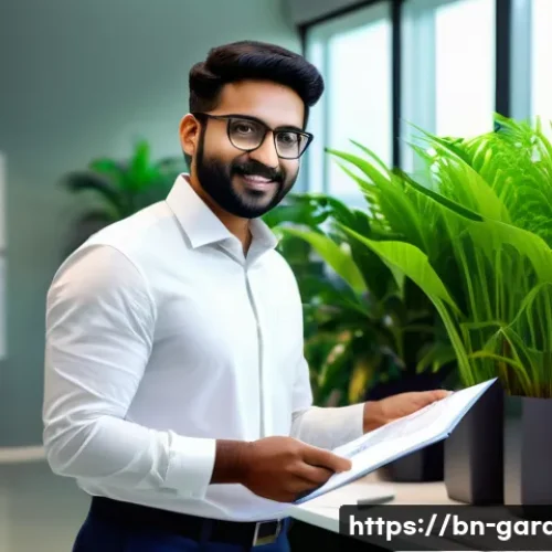 원예디자이너 연봉 협상 경험담 - A confident Bengali garden designer in professional attire presenting a detailed portfolio to a clie...