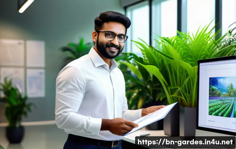 원예디자이너 연봉 협상 경험담 - A confident Bengali garden designer in professional attire presenting a detailed portfolio to a clie...