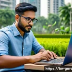 원예디자이너 연봉 트렌드 - A professional urban garden designer working outdoors in Dhaka city, wearing smart casual clothes an...