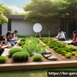 원예디자이너 관련 학위 과정 - A modern garden design classroom scene featuring a diverse group of Bengali students actively engage...