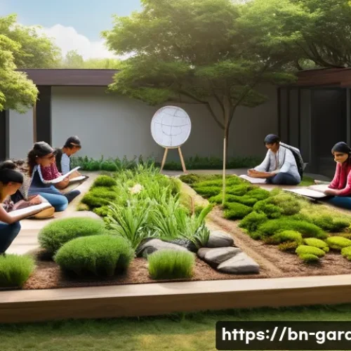 원예디자이너 관련 학위 과정 - A modern garden design classroom scene featuring a diverse group of Bengali students actively engage...