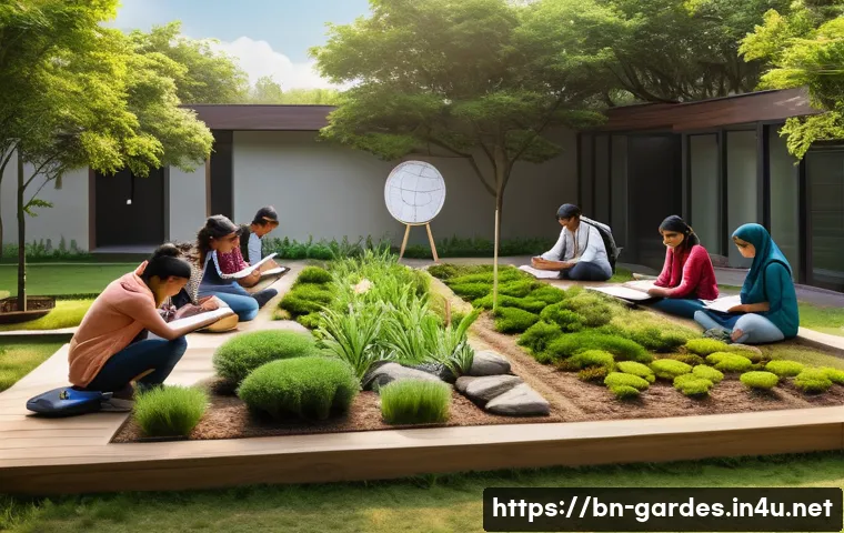 원예디자이너 관련 학위 과정 - A modern garden design classroom scene featuring a diverse group of Bengali students actively engage...