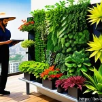 원예디자이너 자격증 취득 후 경력 관리 - A vibrant garden scene showcasing a creative vertical garden installation on a sunny balcony, featur...