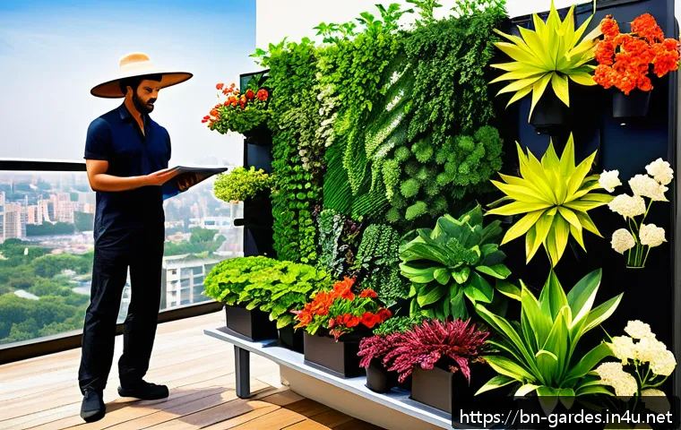 원예디자이너 자격증 취득 후 경력 관리 - A vibrant garden scene showcasing a creative vertical garden installation on a sunny balcony, featur...