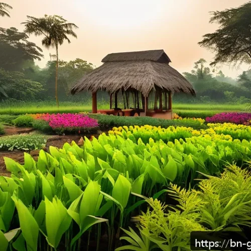 원예디자이너 실무 능력 강화 방법 - A vibrant eco-friendly garden scene in rural Bengal, showcasing lush native plants thriving in rich ...