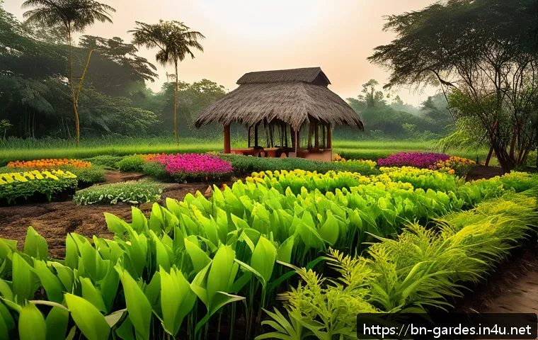 원예디자이너 실무 능력 강화 방법 - A vibrant eco-friendly garden scene in rural Bengal, showcasing lush native plants thriving in rich ...
